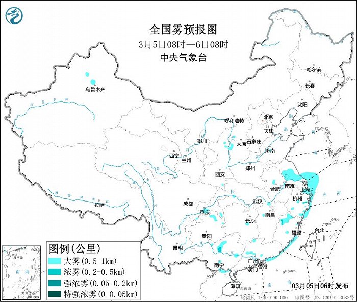 大雾黄色预警：江苏、浙江、福建、广西等地局地有能见度不足200米的强浓雾