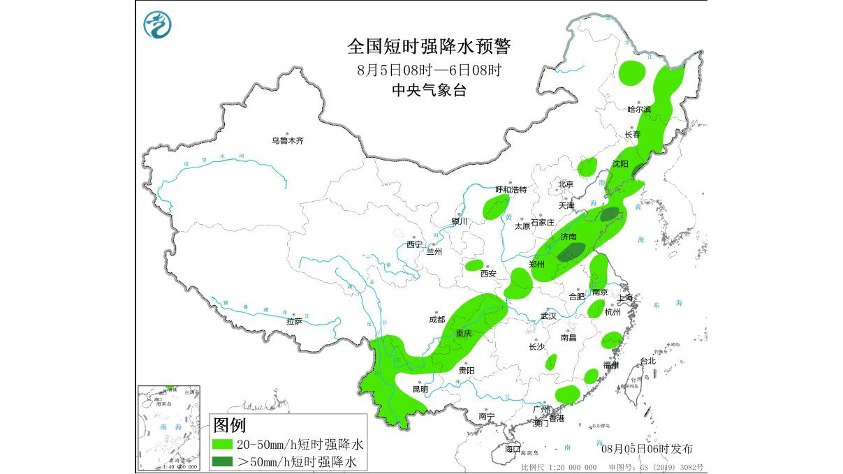 强对流天气蓝色预警继续：辽宁山东江苏等地部分地区小时雨量大于50毫米