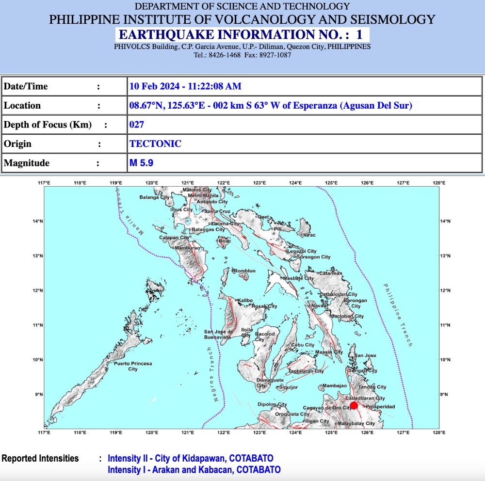 菲律宾南部阿古桑省发生5.9级强震