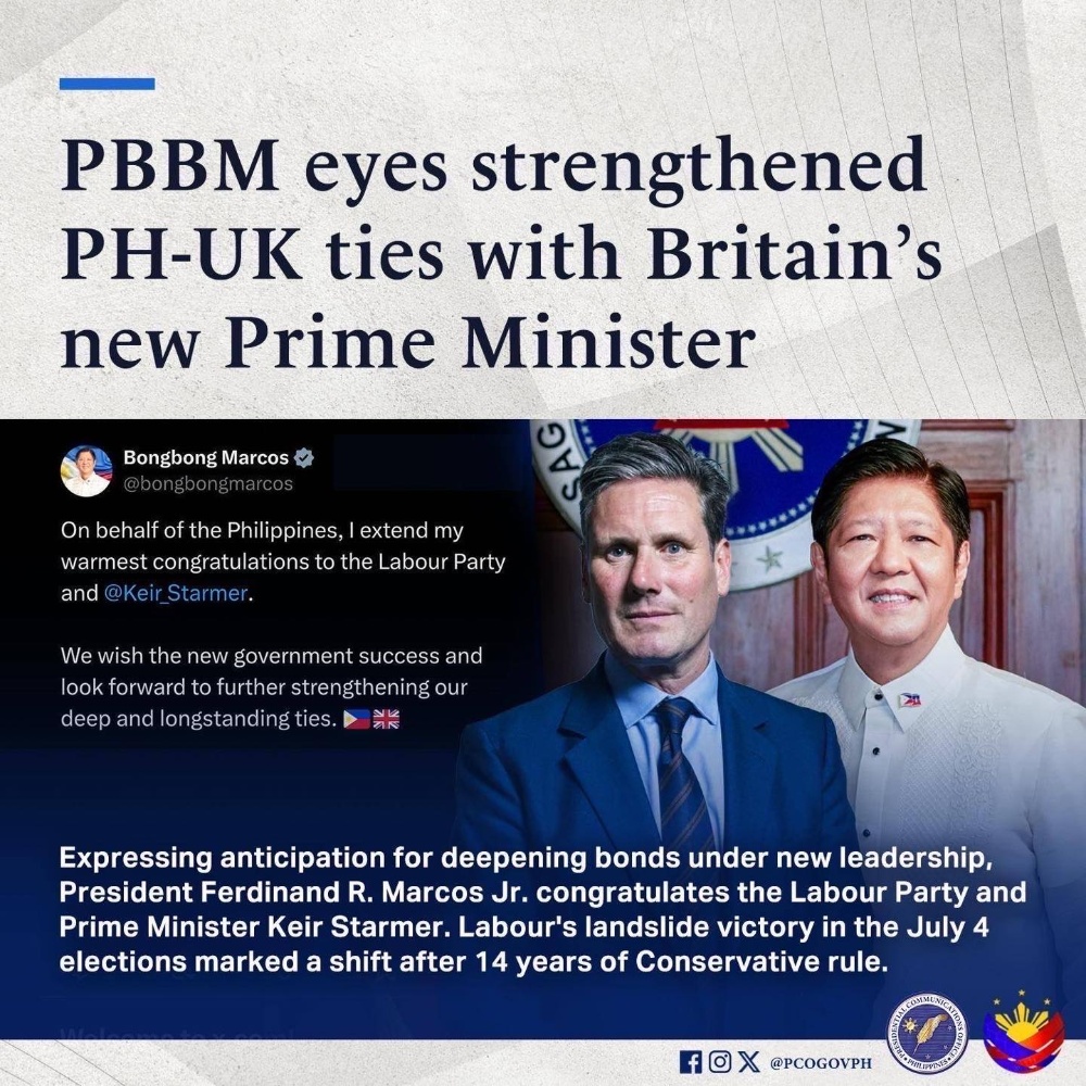 菲律宾总统祝贺英国新首相斯塔默