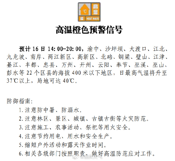 重庆市气象台发布高温橙色预警信号 局地可达40℃